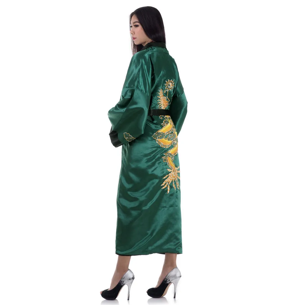 Emerald Dragon Reversible Kimono Robe for Women