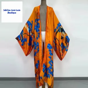 Exotic Orange & Cobalt Blue Multicolor Kimono Robe