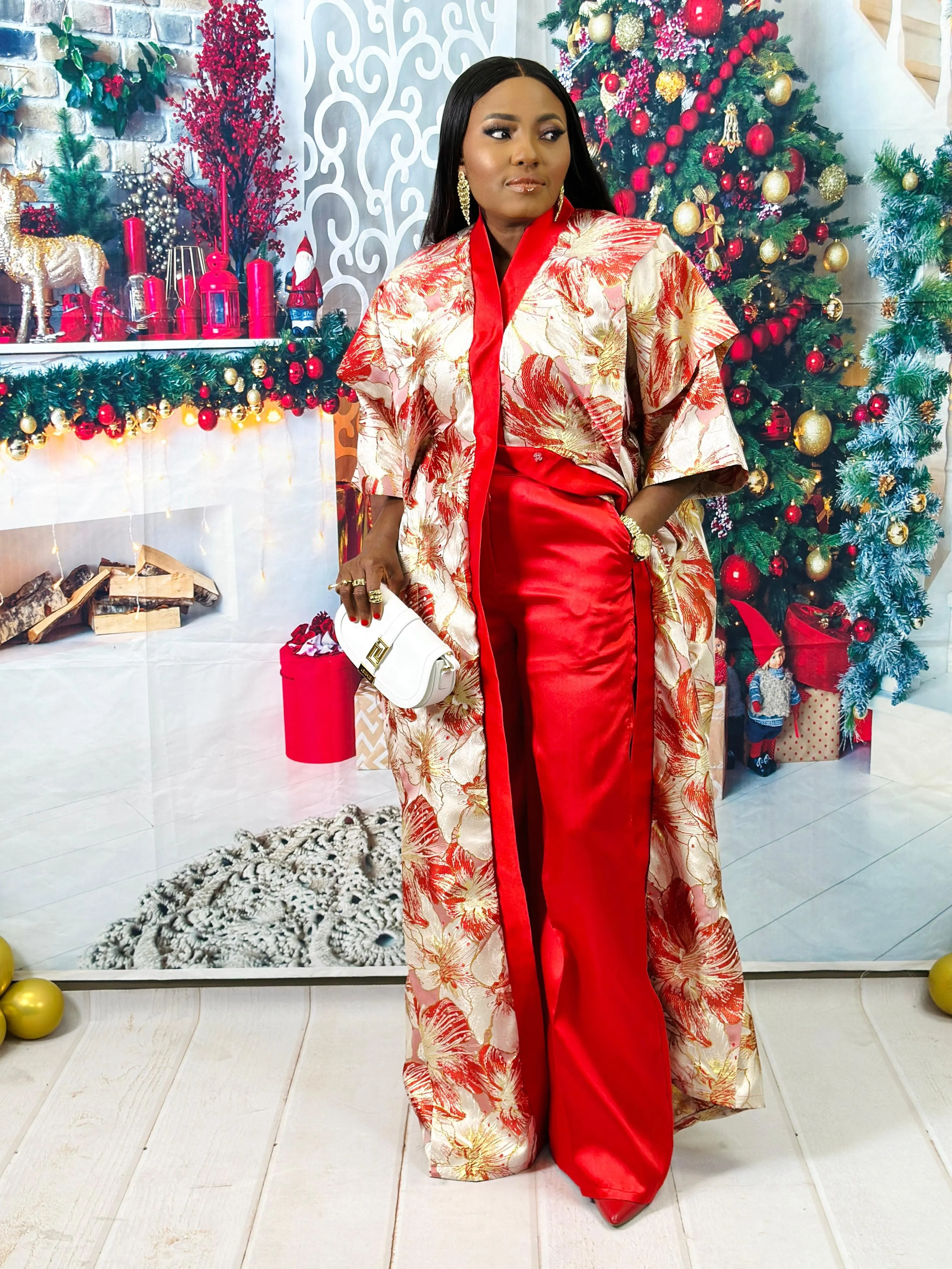 Flora Patterned Damask Boubou Kimono and Plain Wide Leg Mikado silk Pant Set (Red).