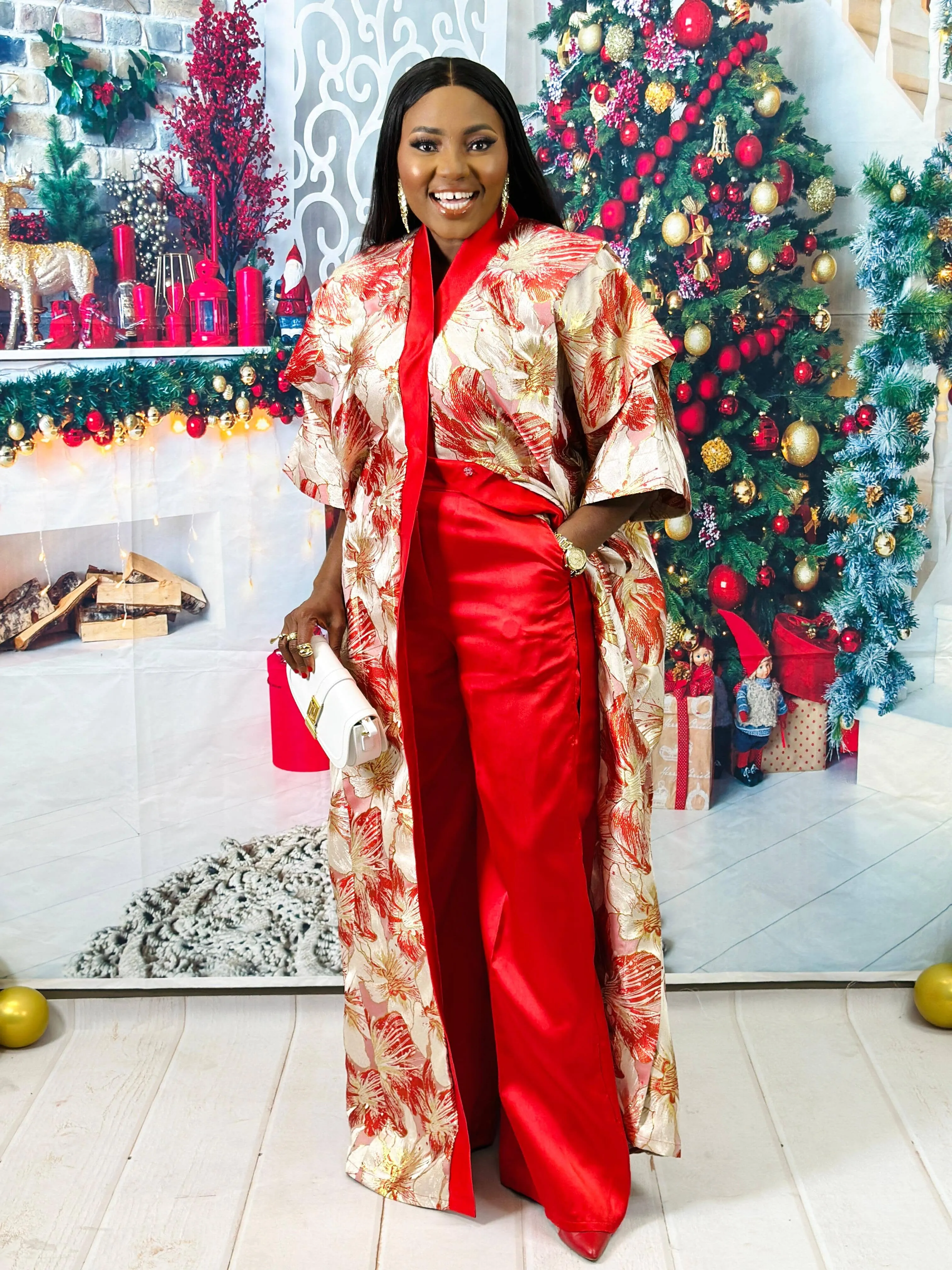 Flora Patterned Damask Boubou Kimono and Plain Wide Leg Mikado silk Pant Set (Red).