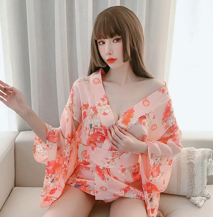 Floral Peach Kimono Lingerie Robe - Women's Sexy Sleepwear