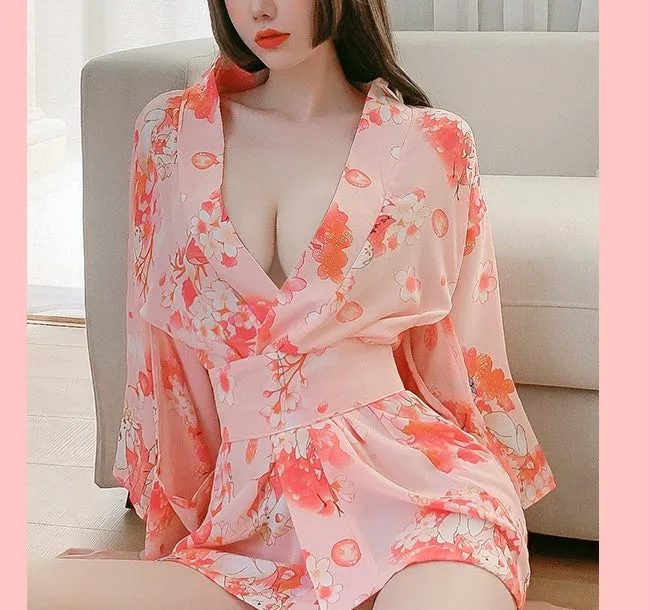 Floral Peach Kimono Lingerie Robe - Women's Sexy Sleepwear