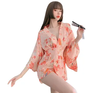 Floral Peach Kimono Lingerie Robe - Women's Sexy Sleepwear