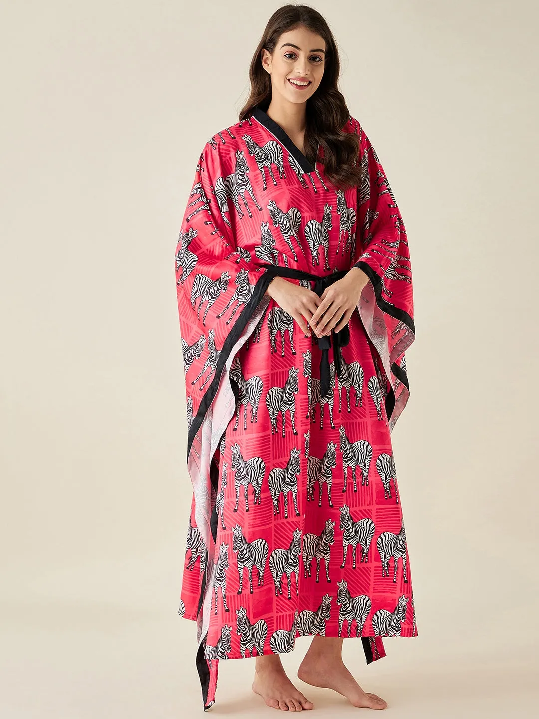 Fuschia Zebra Satin Kimono Loungewear - The Kaftan Company