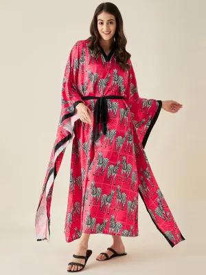 Fuschia Zebra Satin Kimono Loungewear - The Kaftan Company