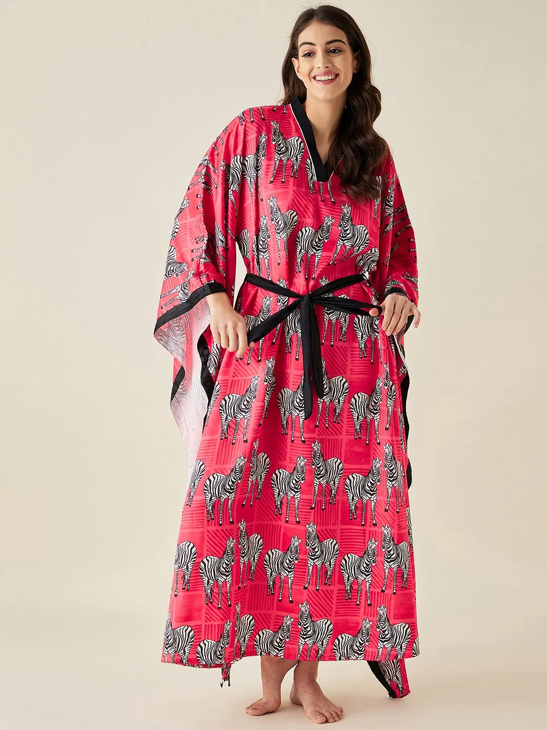 Fuschia Zebra Satin Kimono Loungewear - The Kaftan Company