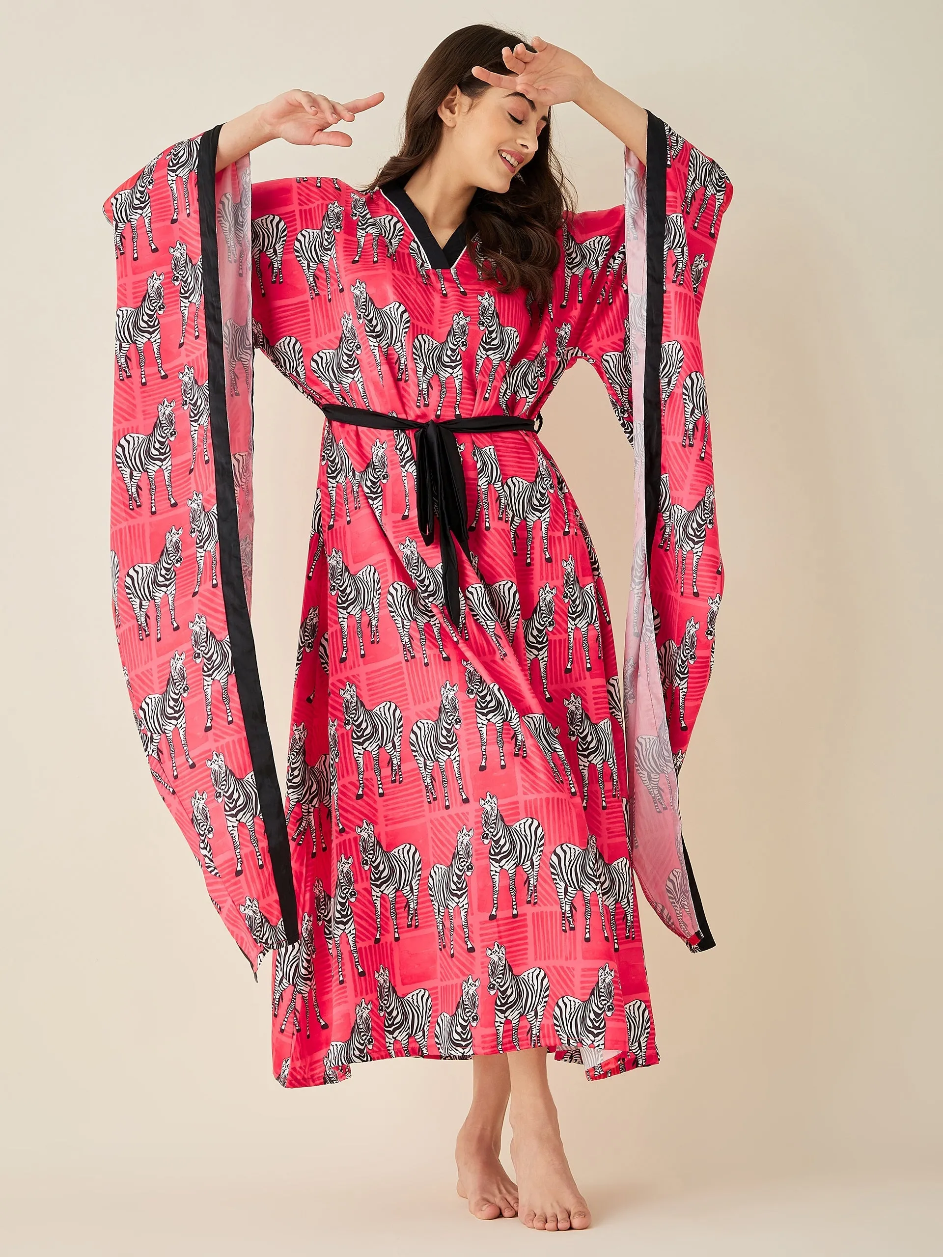 Fuschia Zebra Satin Kimono Loungewear - The Kaftan Company