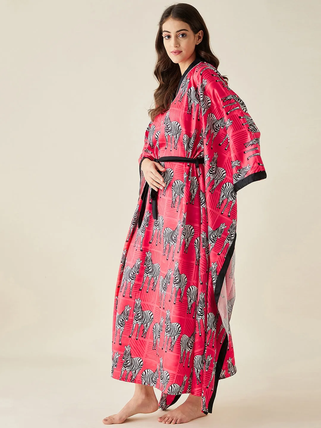 Fuschia Zebra Satin Kimono Loungewear - The Kaftan Company