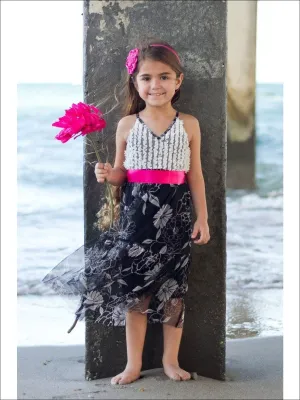 Girls Black And Crème Floral Ruffle Dress