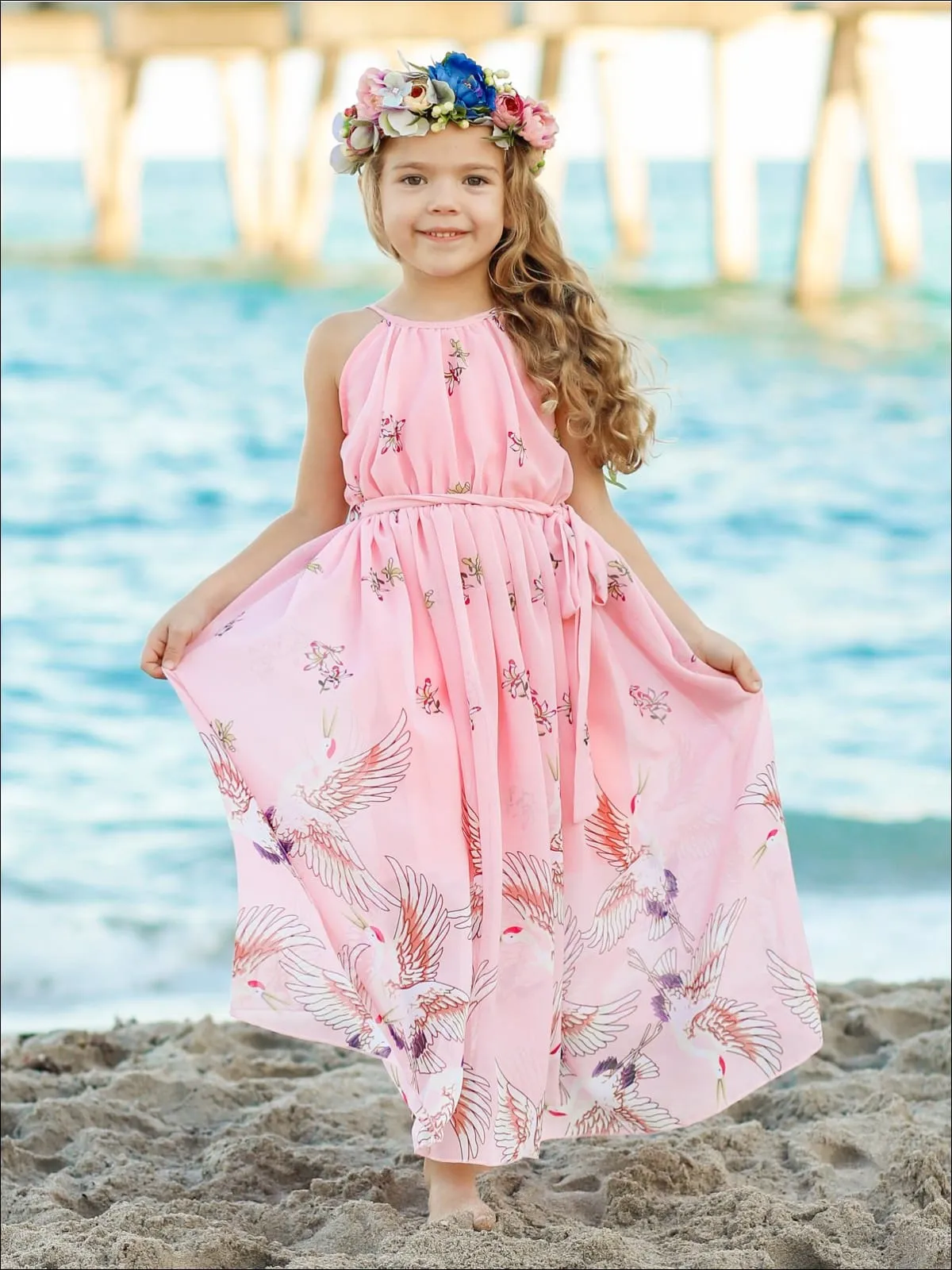 Girls Printed Halter Neck Maxi Dress With Sash