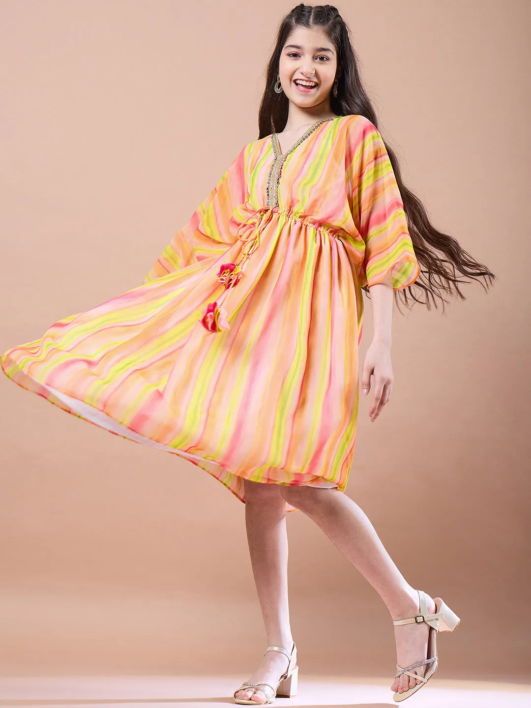 Girls Striped Georgette V-Neck Kimono Sleeves A-Line Midi Dress - PS Peaches