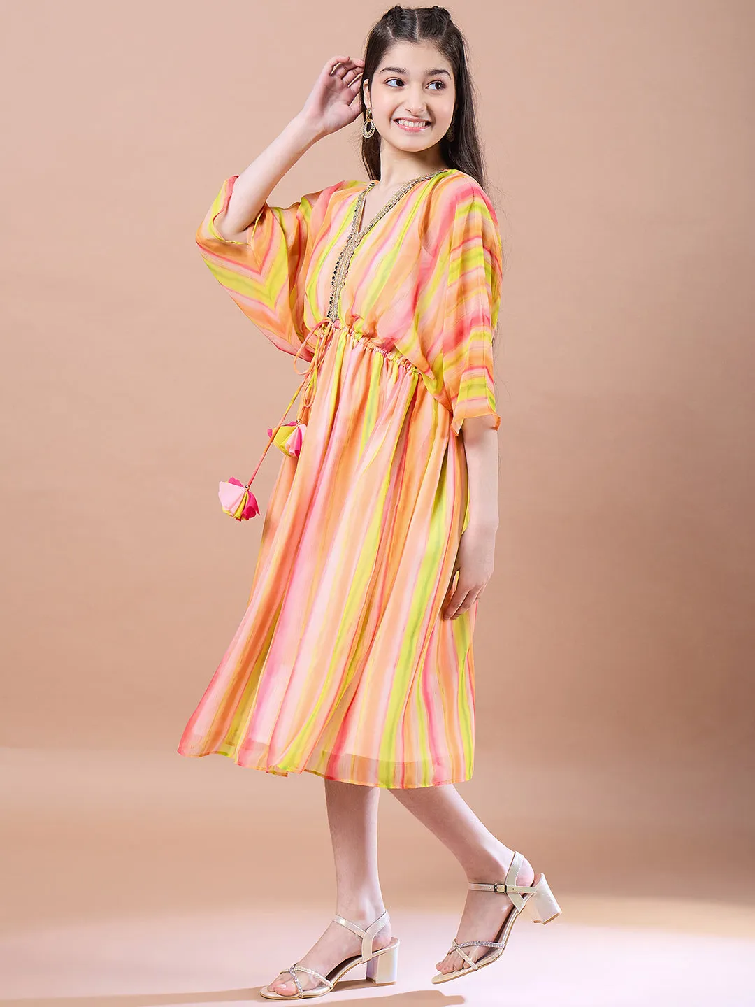 Girls Striped Georgette V-Neck Kimono Sleeves A-Line Midi Dress - PS Peaches