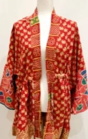 Gorgeous Open Kantha Embroidered Jacket  (Red/Gold Border)