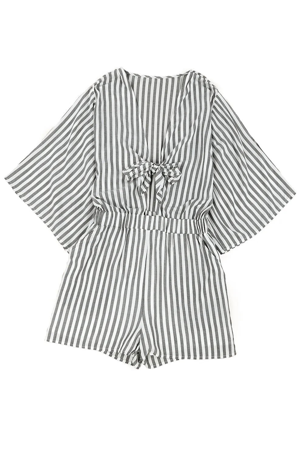 Gray 3/4 Wide Kimono Sleeves Tie Front Striped Romper with Pockets