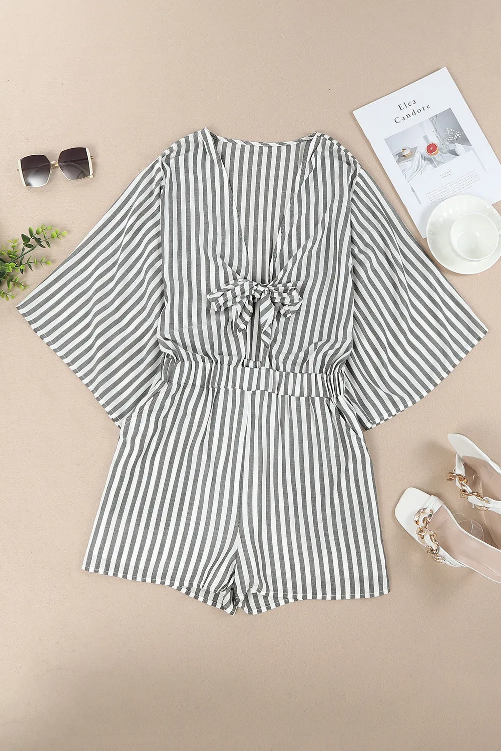 Gray 3/4 Wide Kimono Sleeves Tie Front Striped Romper with Pockets