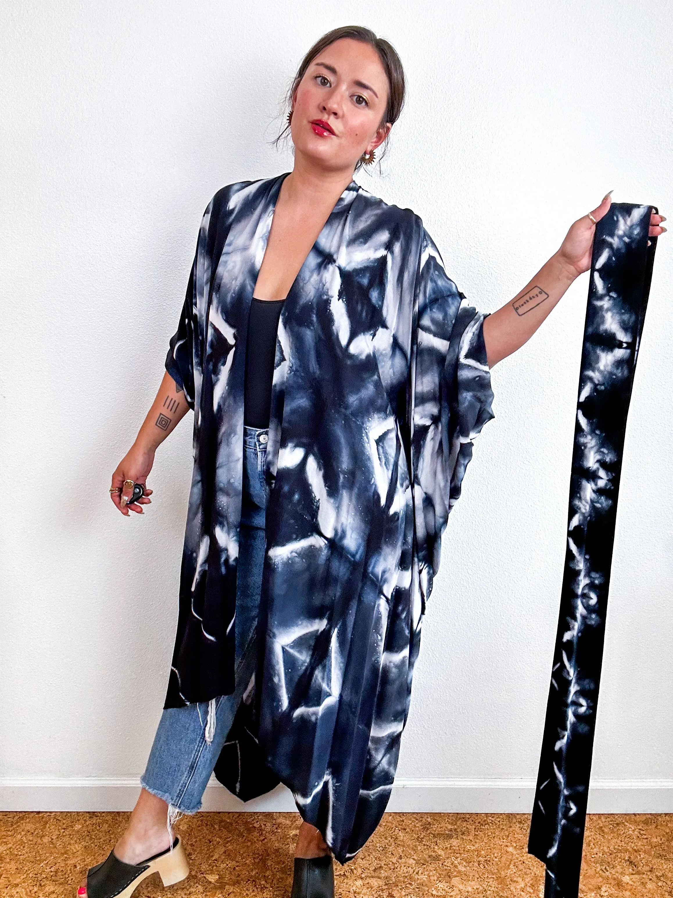 Hand-Dyed High Low Kimono Black Diamonds