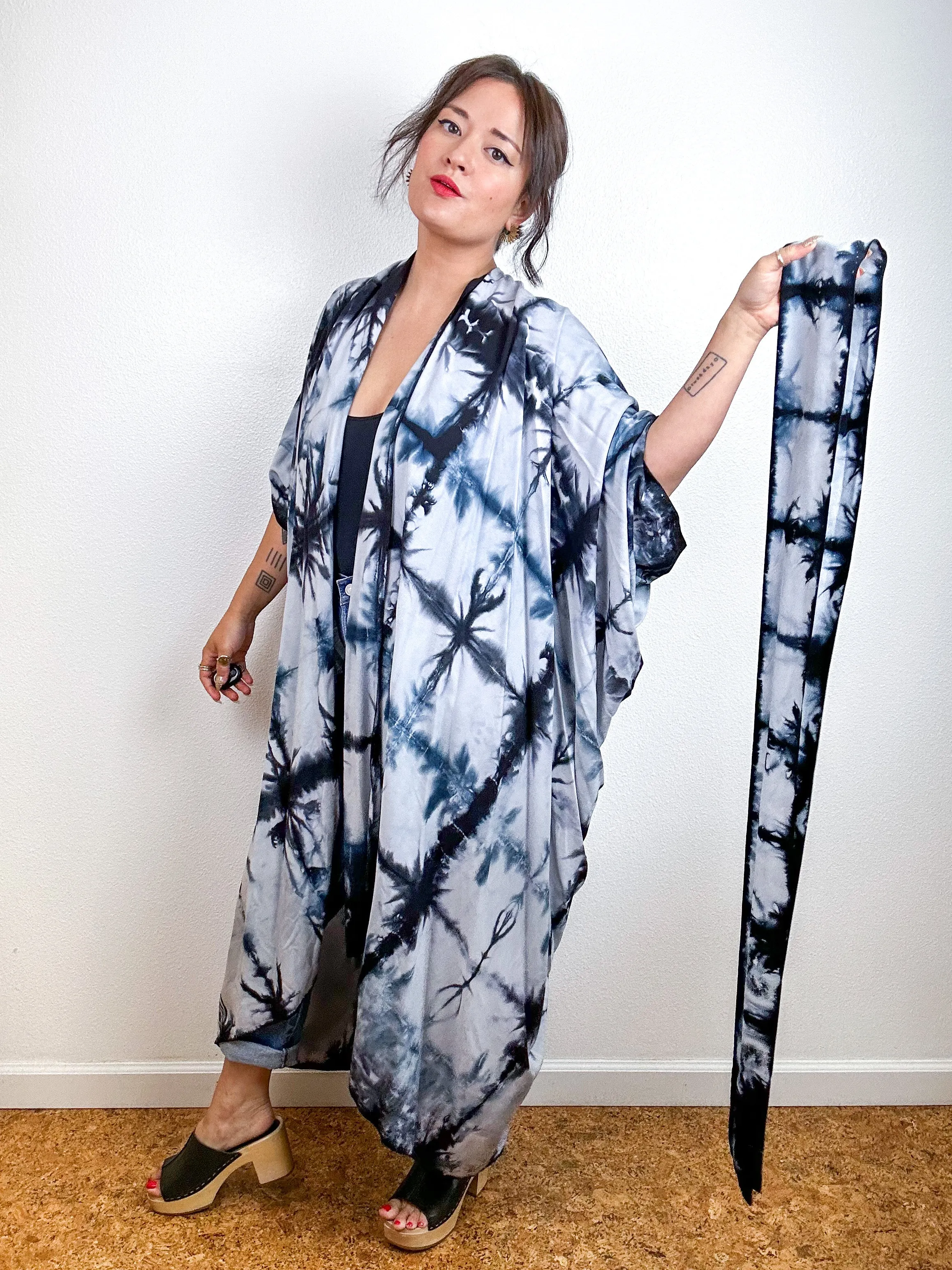 Hand-Dyed High Low Kimono Black Shibori