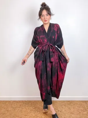 Hand-Dyed High Low Kimono Crimson Black Tie