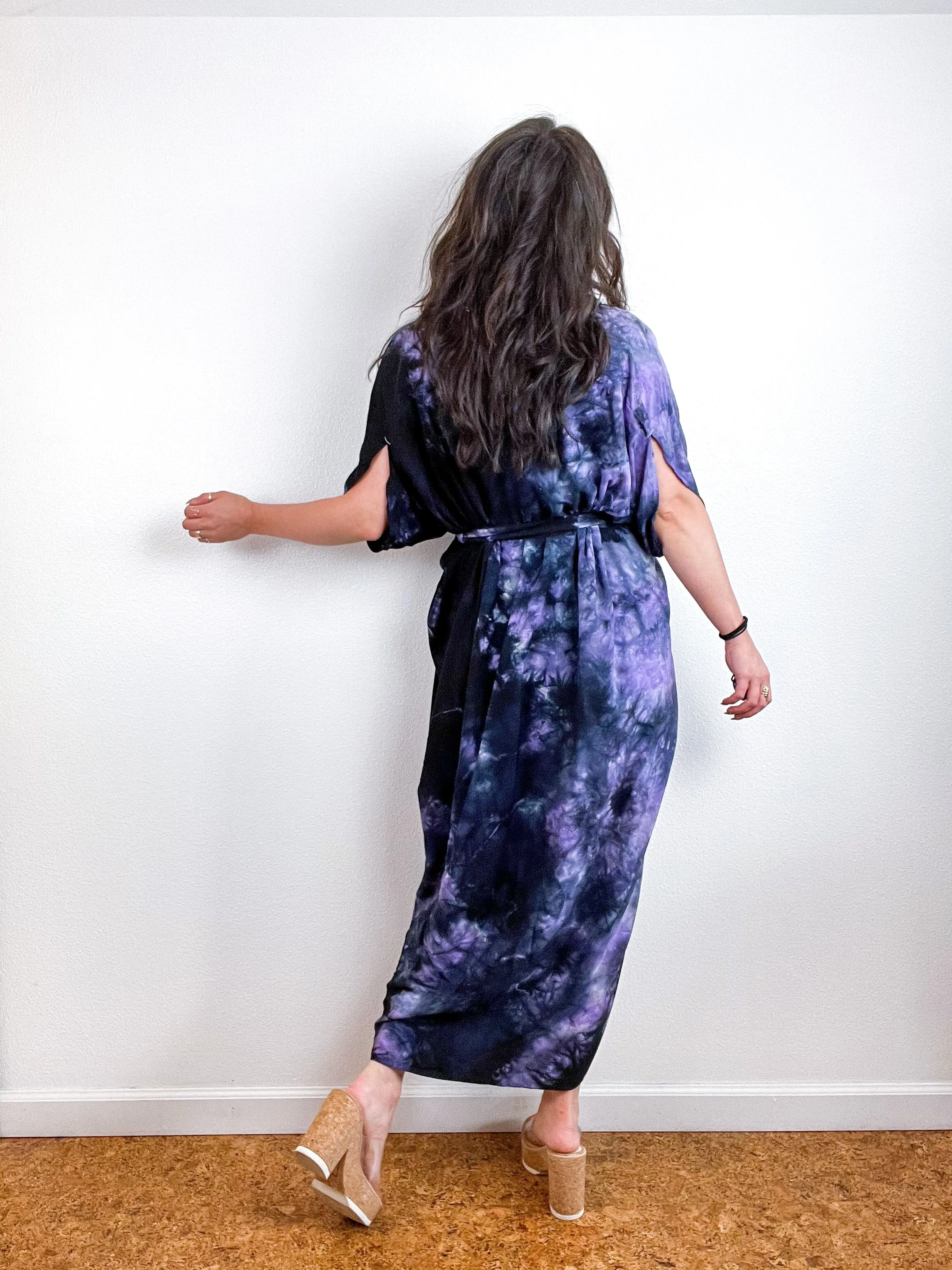 Hand-Dyed High Low Kimono Orchid Black Tie