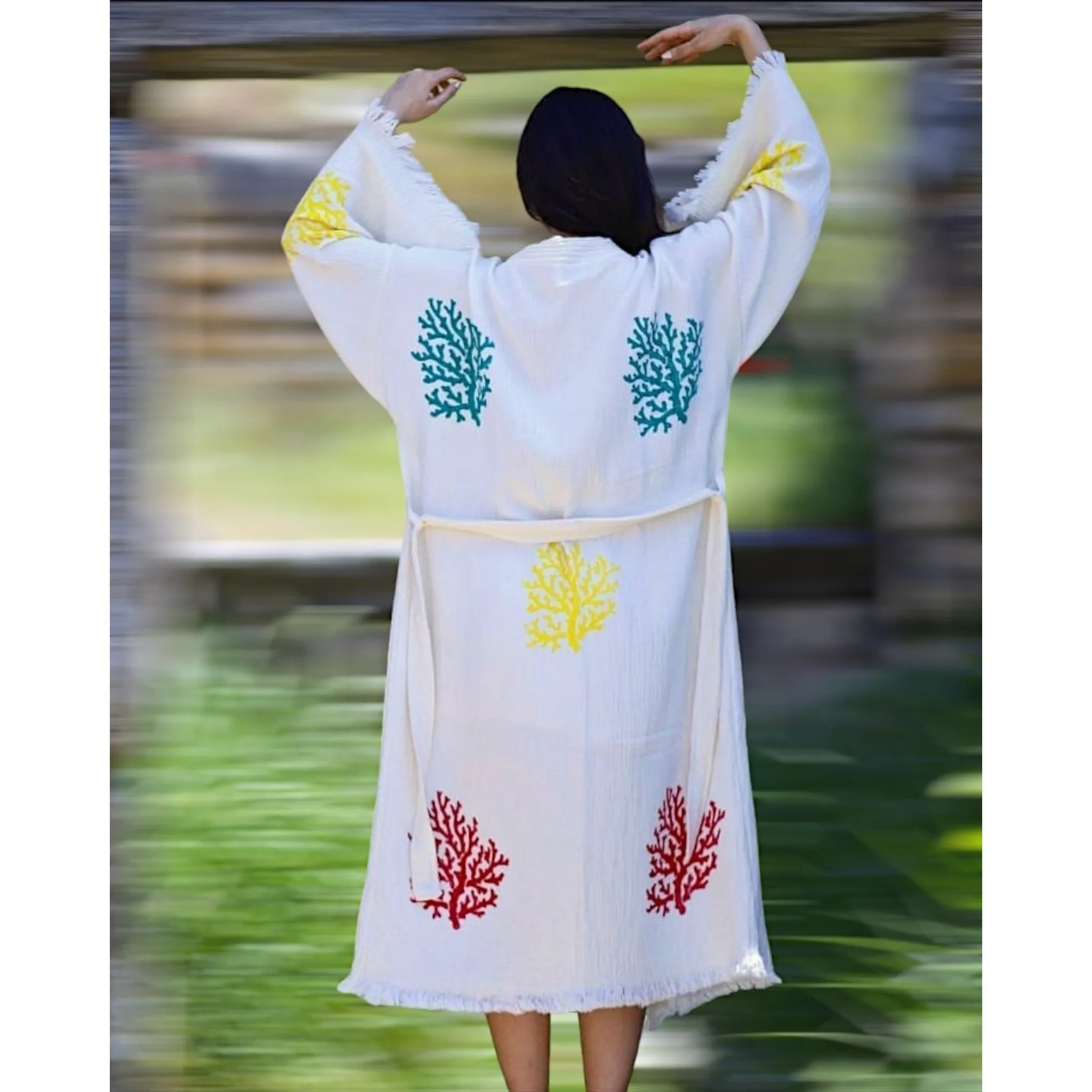 Hand-Made Block Print Coral Turkish Towel Kimono Robe Kaftan