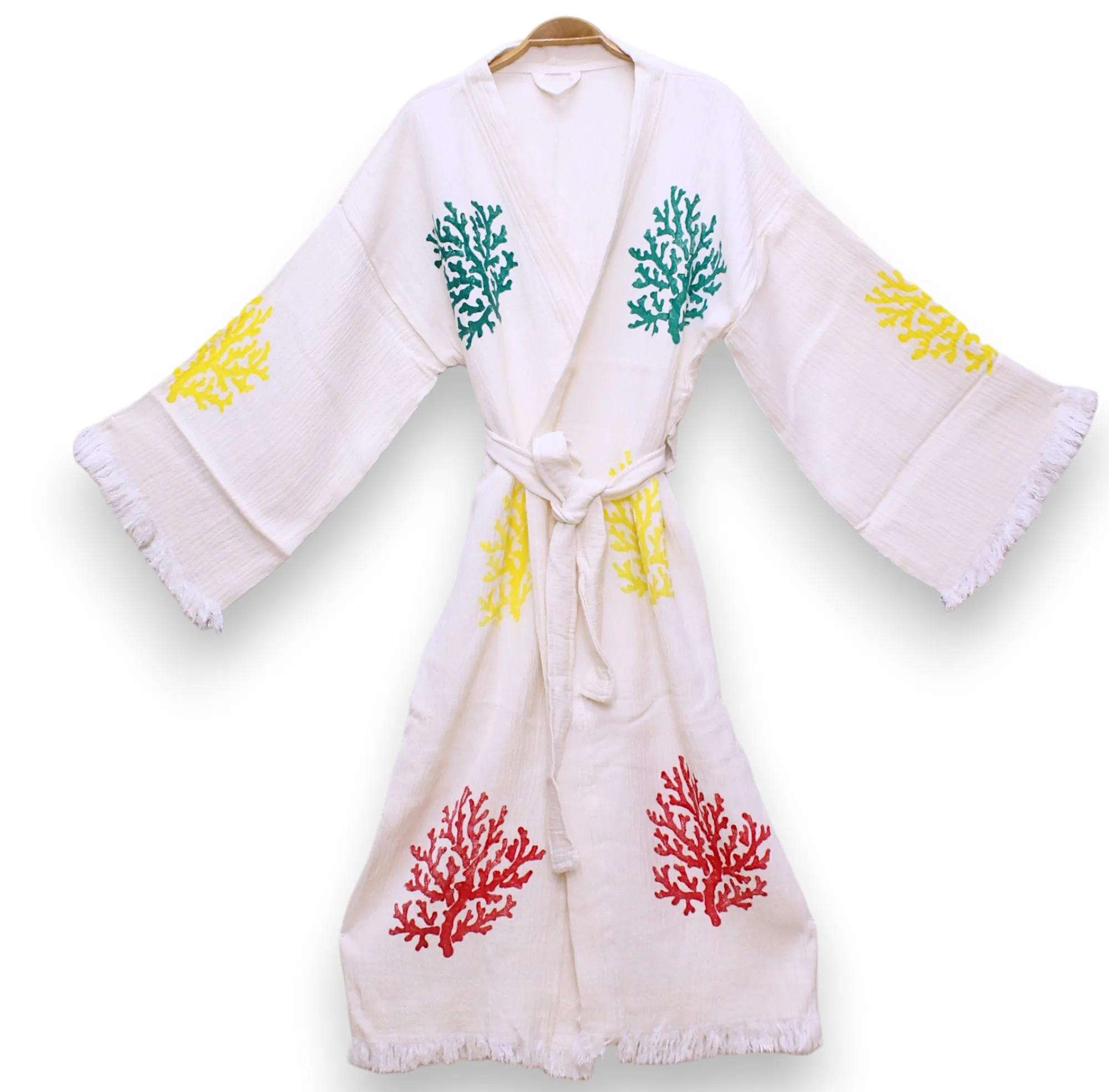 Hand-Made Block Print Coral Turkish Towel Kimono Robe Kaftan