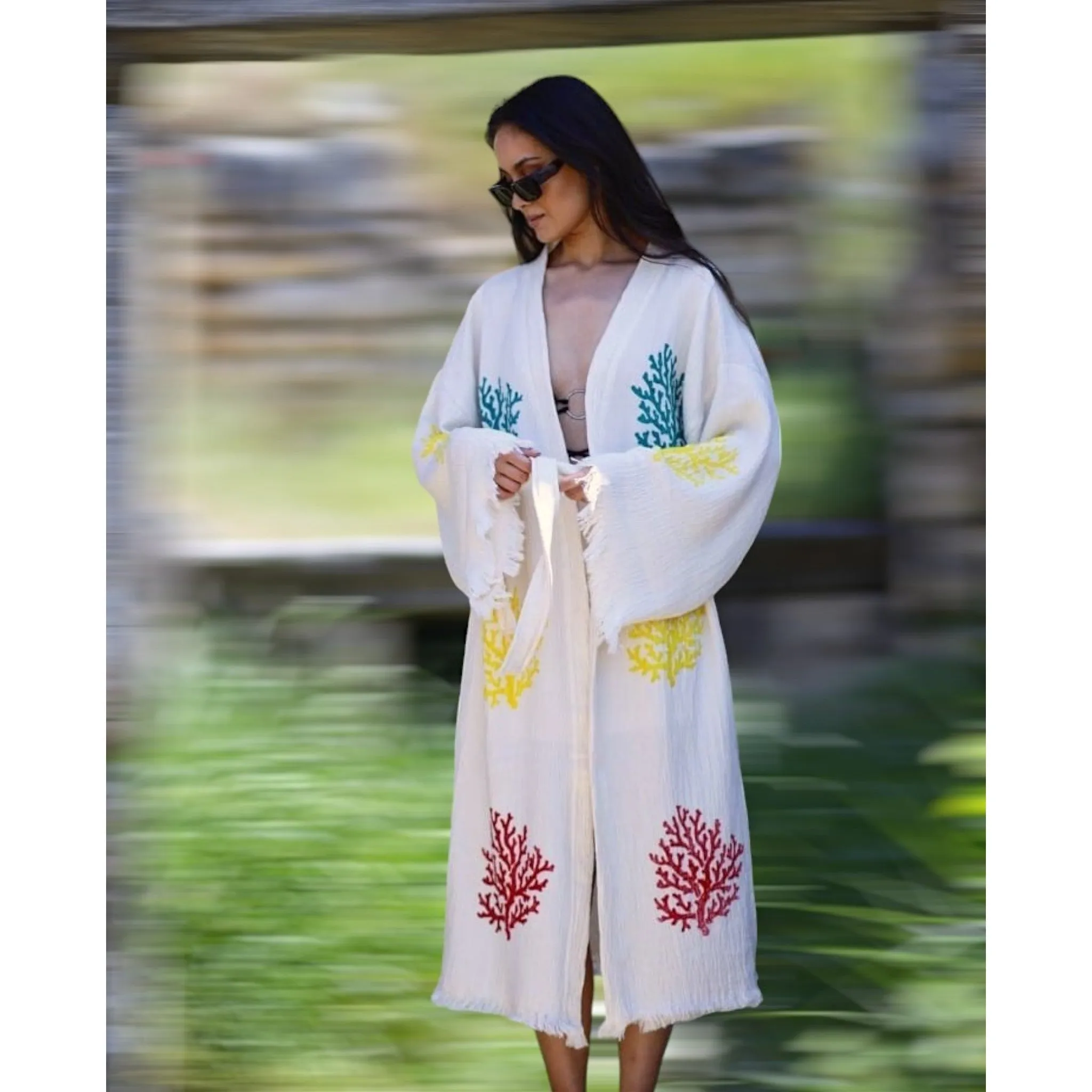 Hand-Made Block Print Coral Turkish Towel Kimono Robe Kaftan