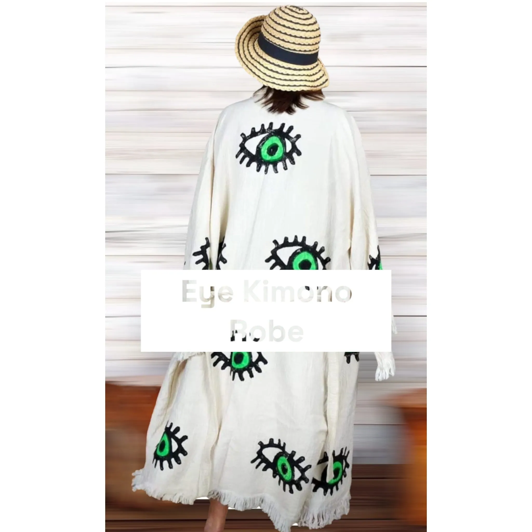 Hand-Made Block Print Green Evil Eye Design Turkish Towel Kimono Robe Kaftan