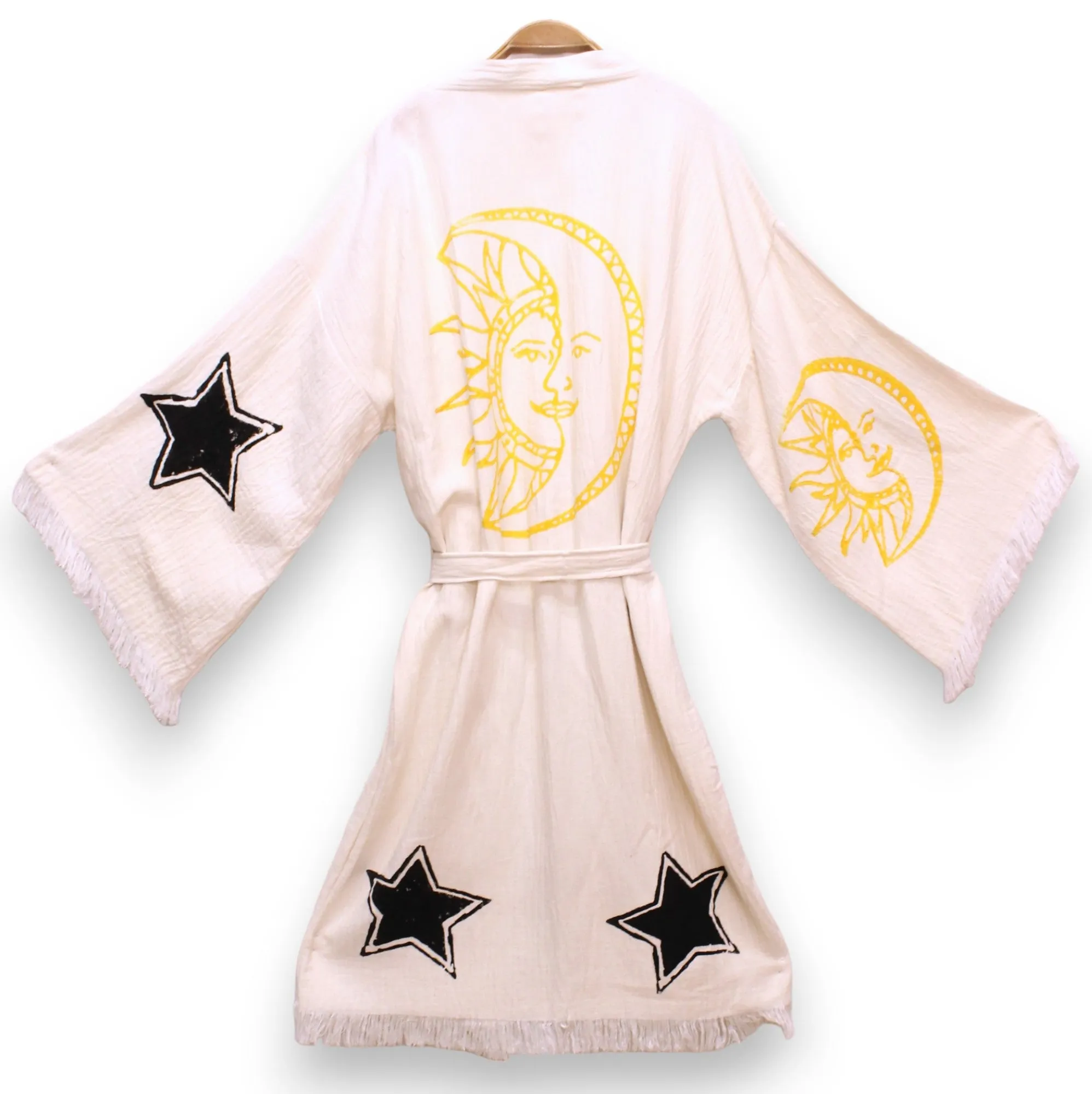 Hand-Made Block Print Moon Star Turkish Towel Kimono Robe Kaftan