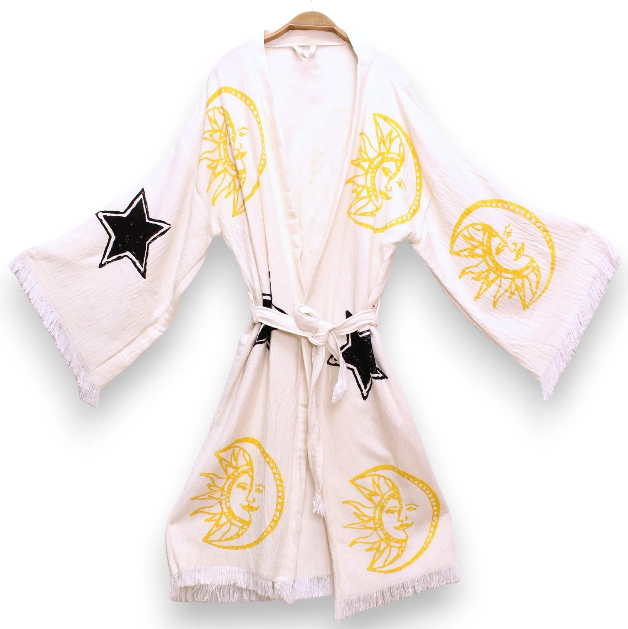 Hand-Made Block Print Moon Star Turkish Towel Kimono Robe Kaftan