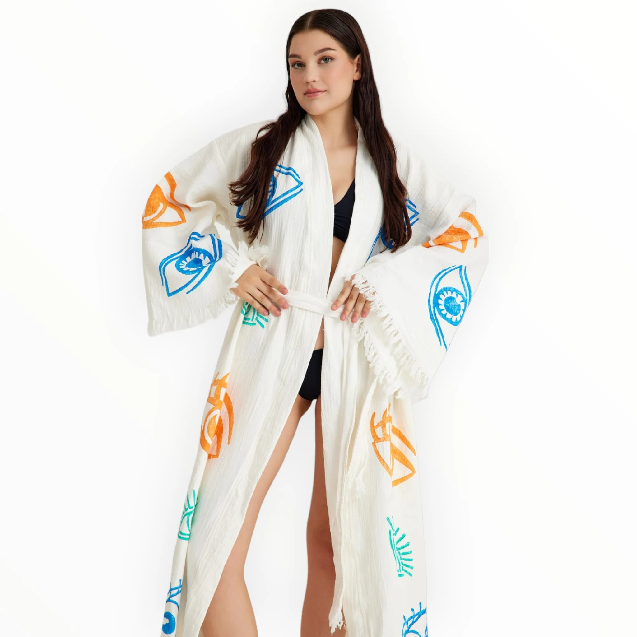 Handmade 100% Natural Turkish Cotton Kimono with Muslin Fabric and Evil Eye