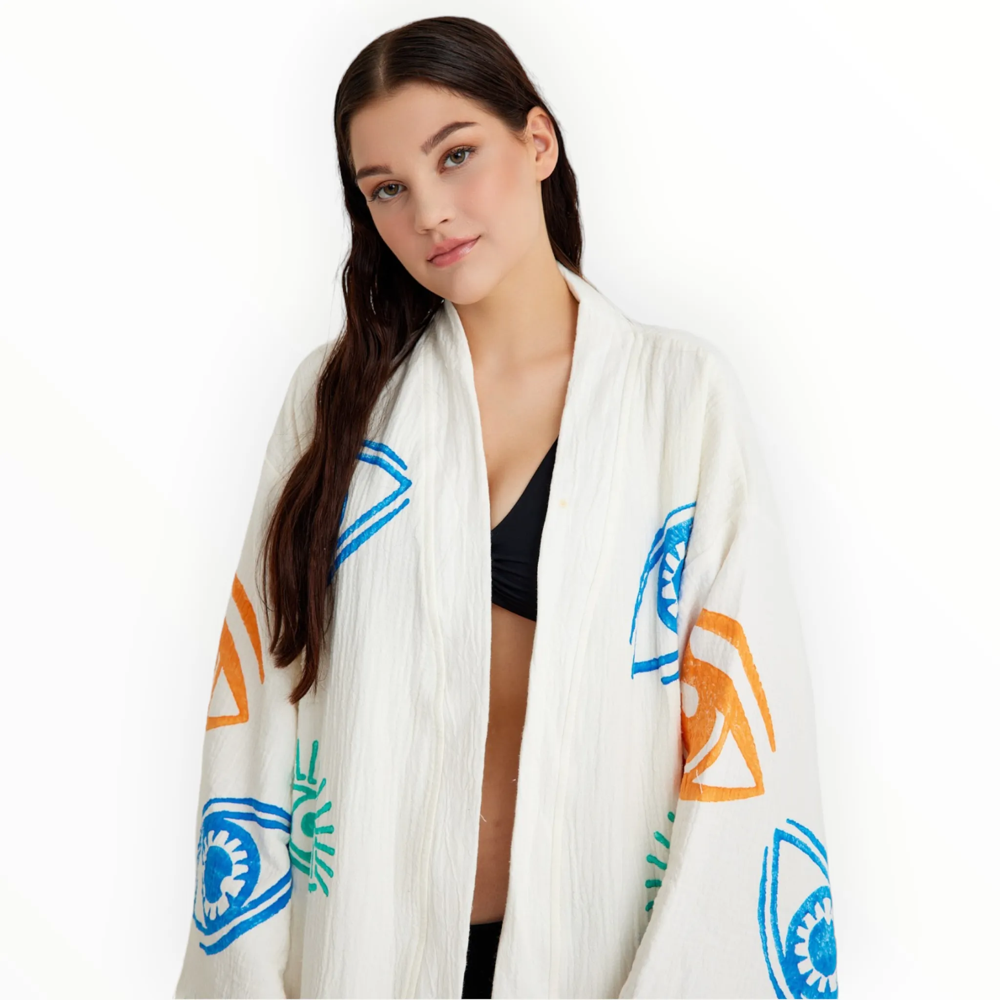 Handmade 100% Natural Turkish Cotton Kimono with Muslin Fabric and Evil Eye