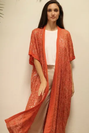 HELIOS ORANGE SILK SEQUIN EMBEROIDERED KIMONO