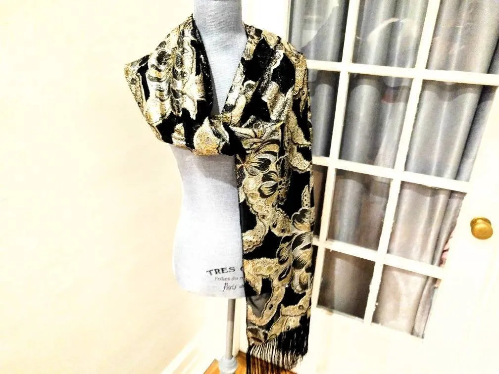 Holt Renfrew Designer Fringed Long Scarf – Black, Silver & Gold, Elegant Italian-Made Foulard, 70” x 20.5”, Timeless Statement Piece