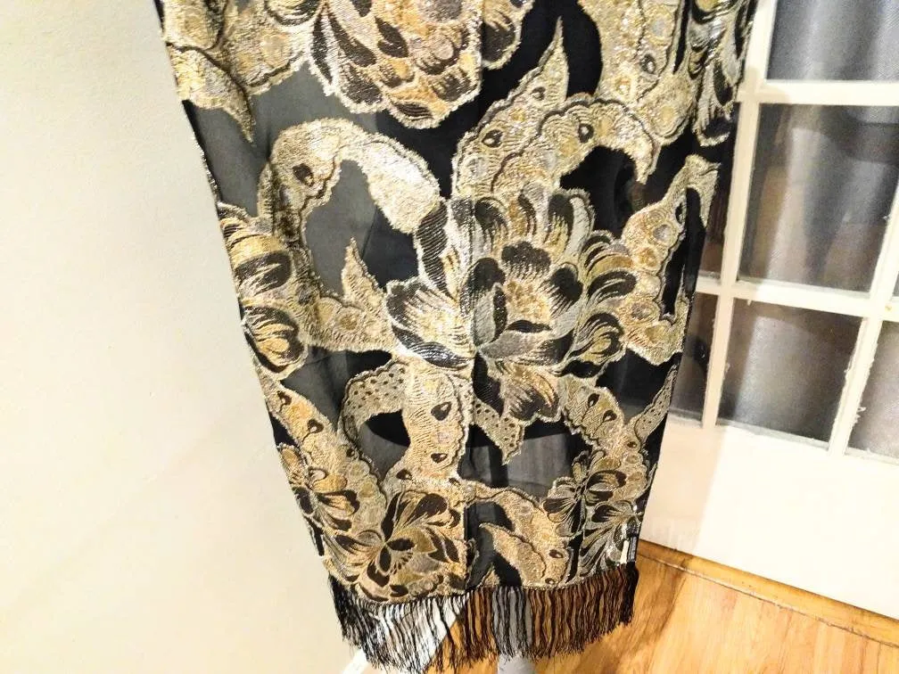 Holt Renfrew Designer Fringed Long Scarf – Black, Silver & Gold, Elegant Italian-Made Foulard, 70” x 20.5”, Timeless Statement Piece