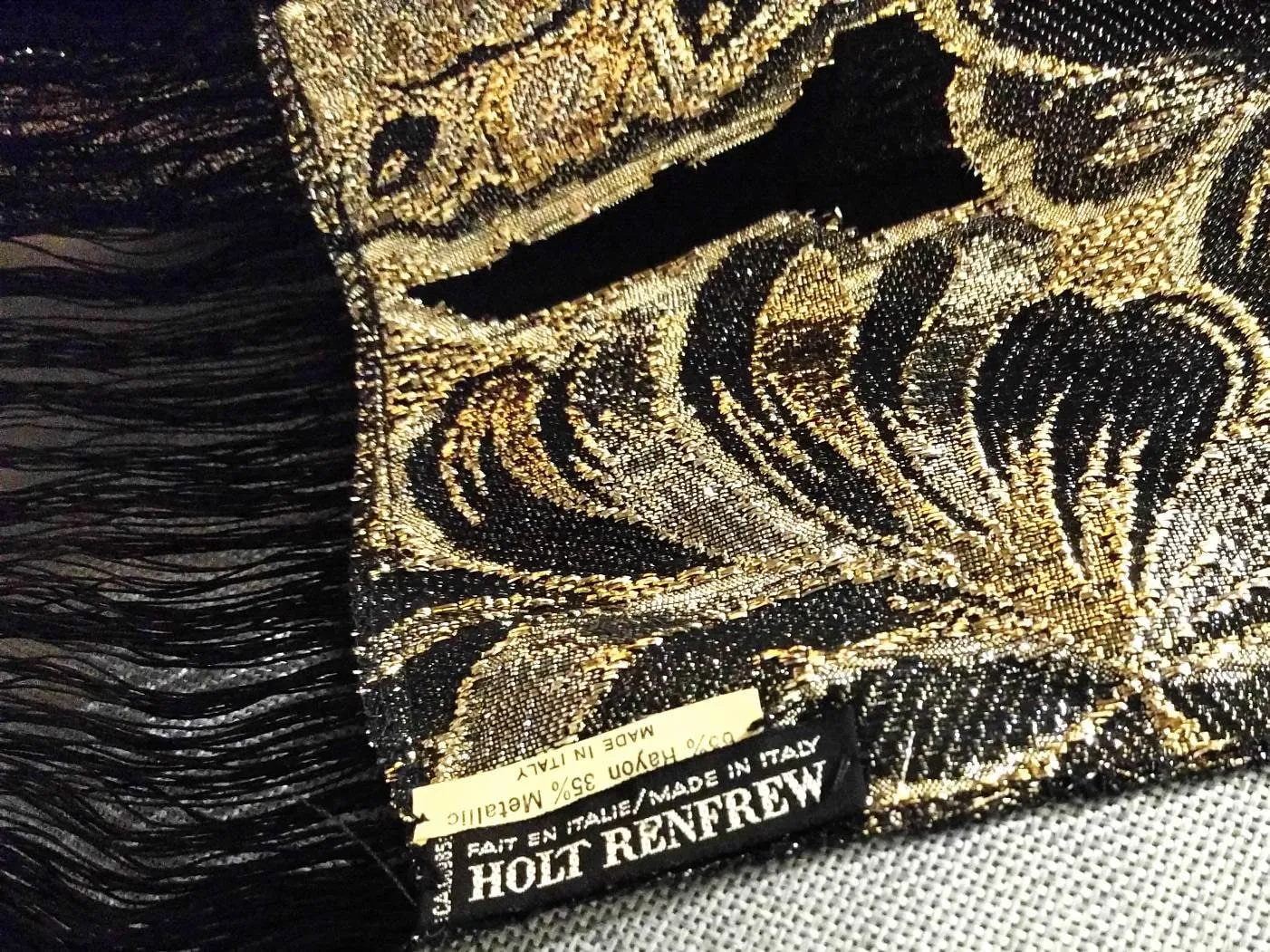 Holt Renfrew Designer Fringed Long Scarf – Black, Silver & Gold, Elegant Italian-Made Foulard, 70” x 20.5”, Timeless Statement Piece