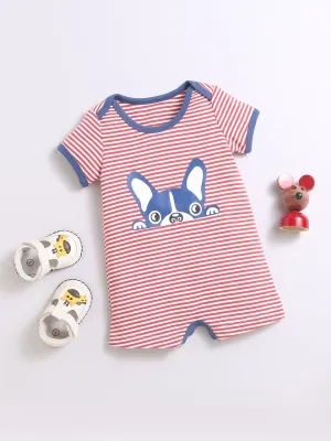 Horizontal Strip Cat Print Lap Shoulder Half Romper For Unisex Baby