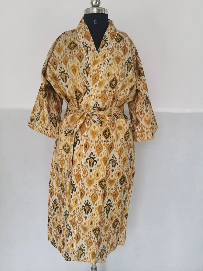 House Robe Summer Kimono Pure Cotton Ikat Indian Block Printed For Her | Anniversary Gift Beach Coverup/Comfy Maternity Mom | Beige Mustard