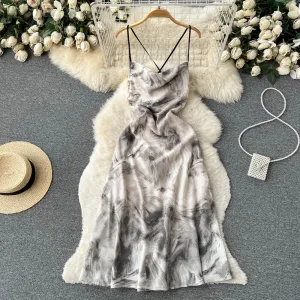 Ink Painting Print Sleeveless Halter Dress