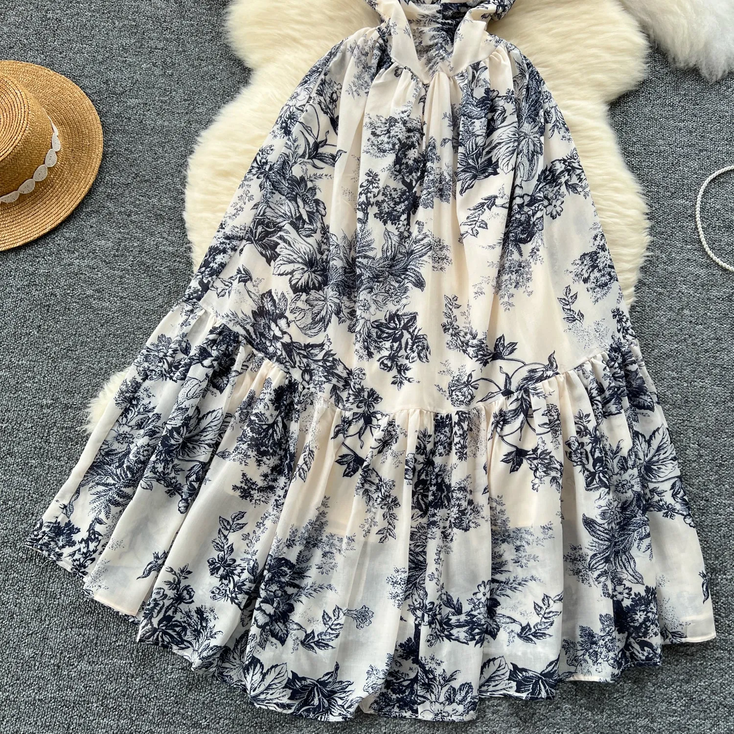 Ink Printed Floral Ruffled Slip Dress