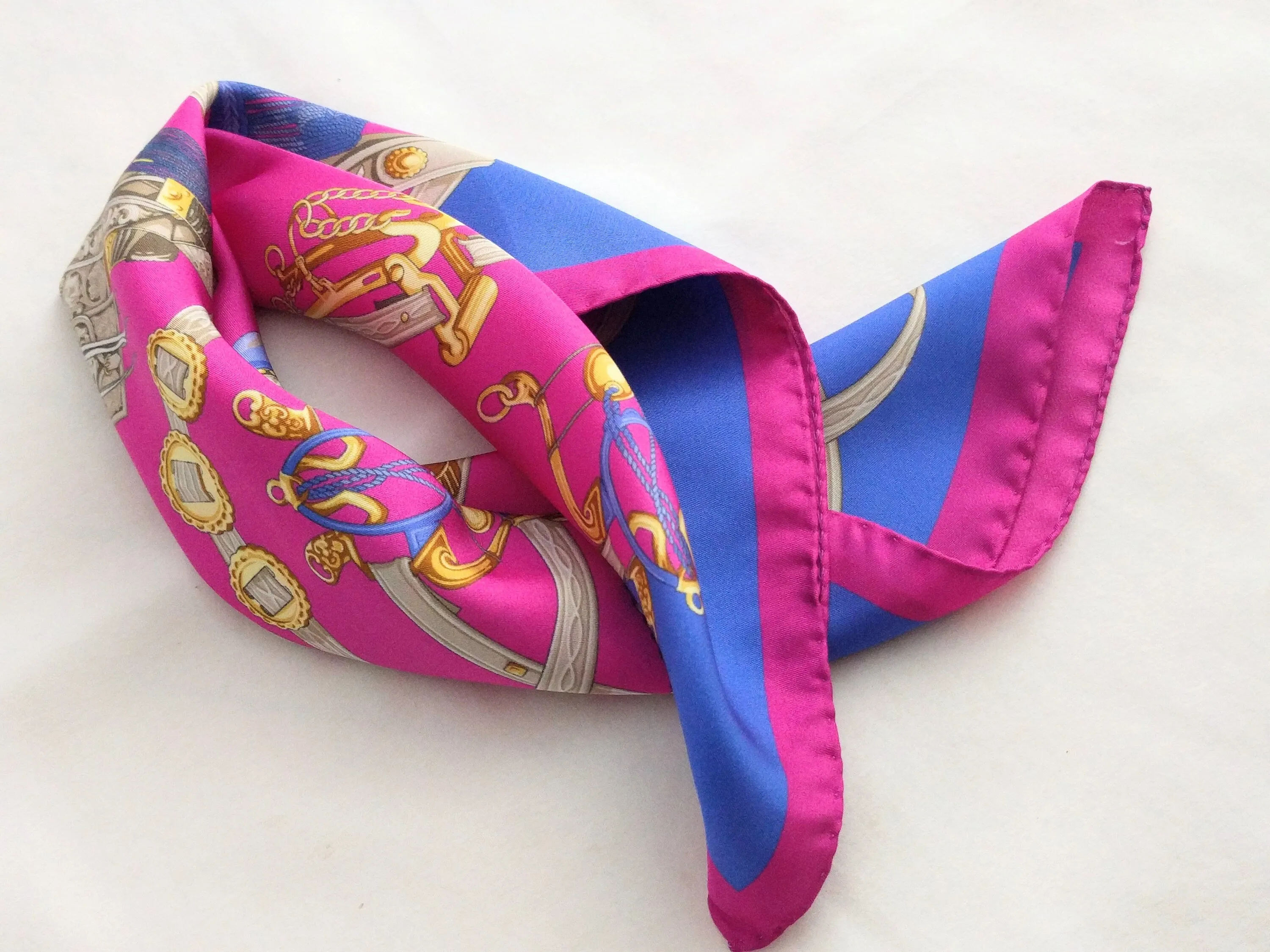 Italian Silk Scarf – Small Pink Como Silk Scarf, Fuchsia, Blue & White Accents, Made in Italy, 19.5" Square with Rolled Edges