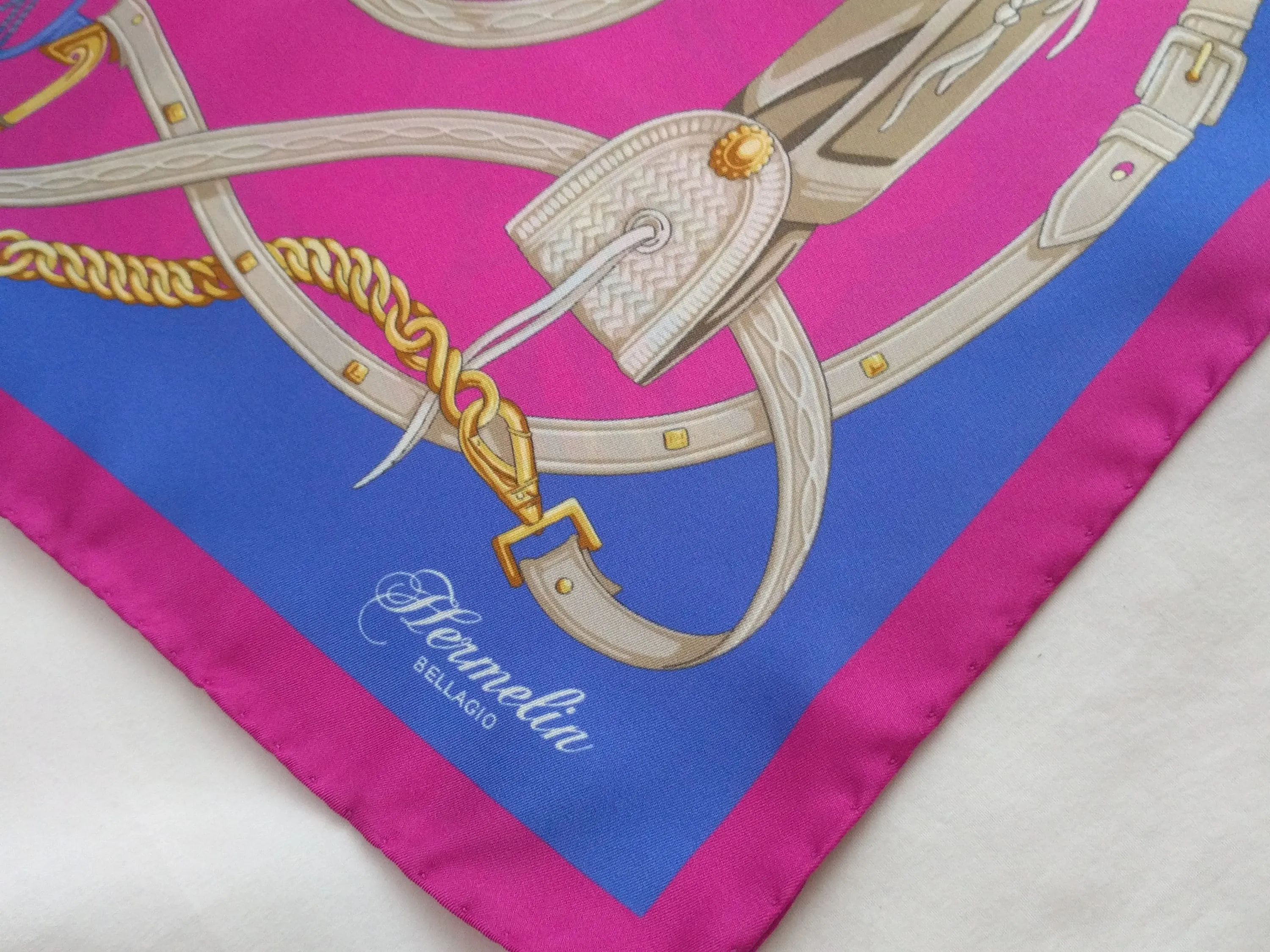 Italian Silk Scarf – Small Pink Como Silk Scarf, Fuchsia, Blue & White Accents, Made in Italy, 19.5" Square with Rolled Edges