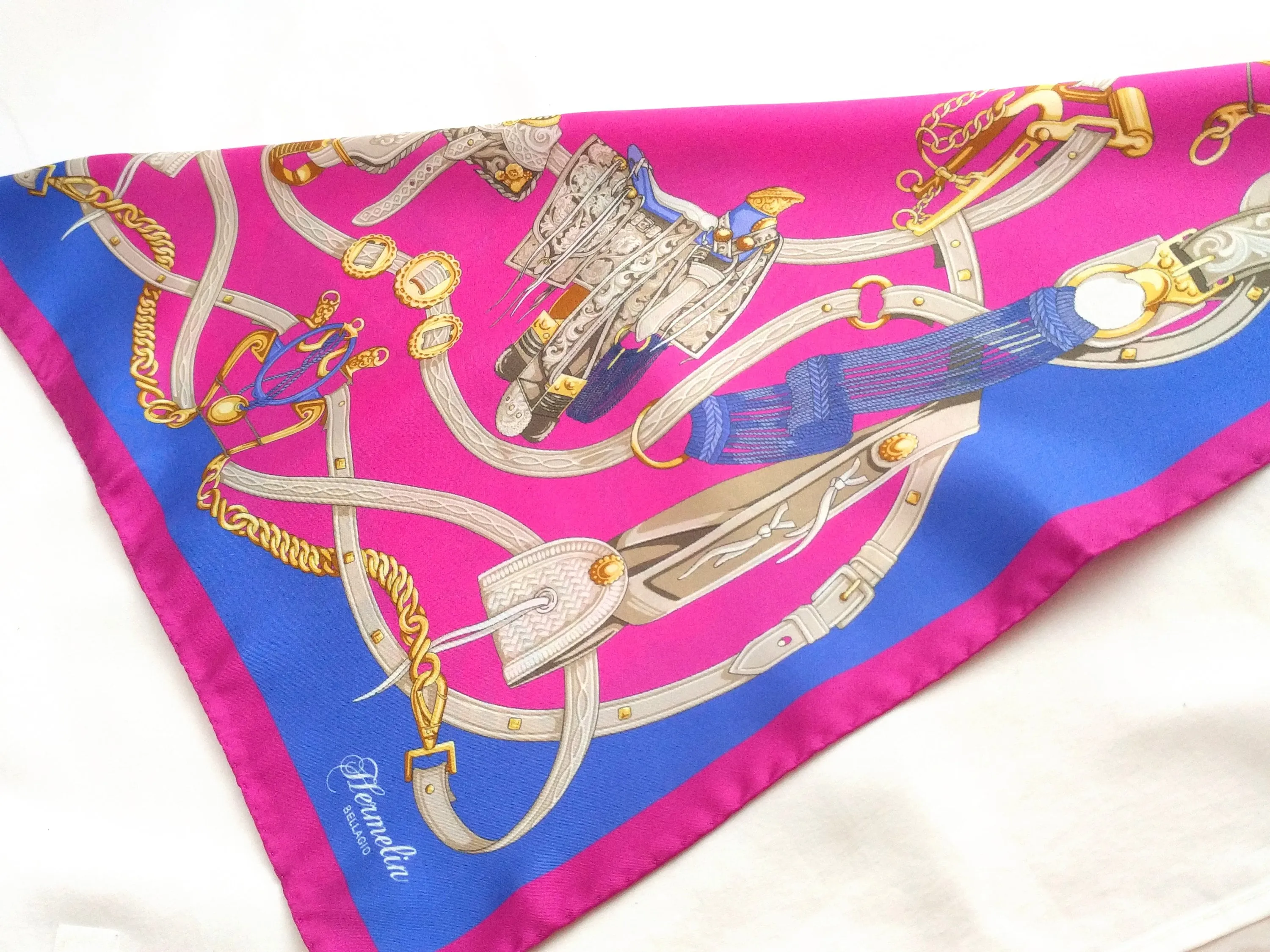 Italian Silk Scarf – Small Pink Como Silk Scarf, Fuchsia, Blue & White Accents, Made in Italy, 19.5" Square with Rolled Edges