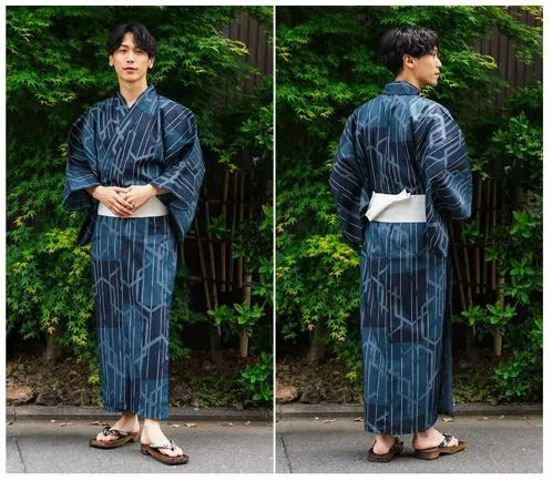 Japanese Traditional Men's YUKATA  / Navy blue with Hexagonal pattern, Size: L, LL