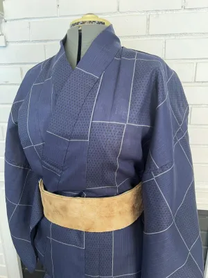 Japanese Traditional Men's YUKATA  / Navy blue with Lattice pattern, Size: LL