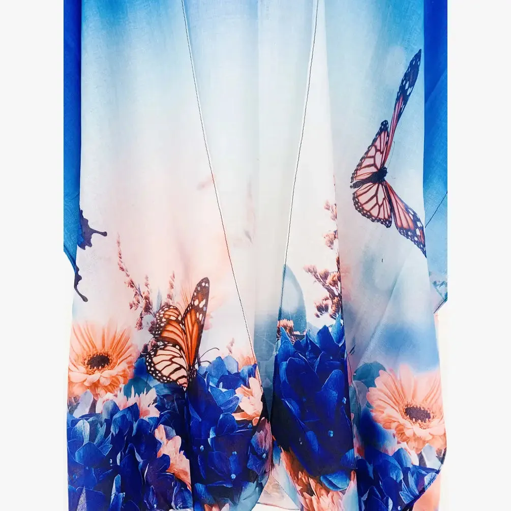 JC062742 Blue-Coral Ombre Accent Floral & Butterfly Kimono