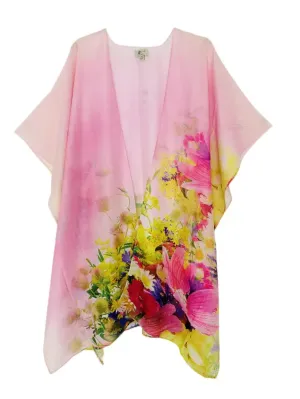 JC062749 Pink-Yellow Ombre Accent Floral & Butterfly Kimono