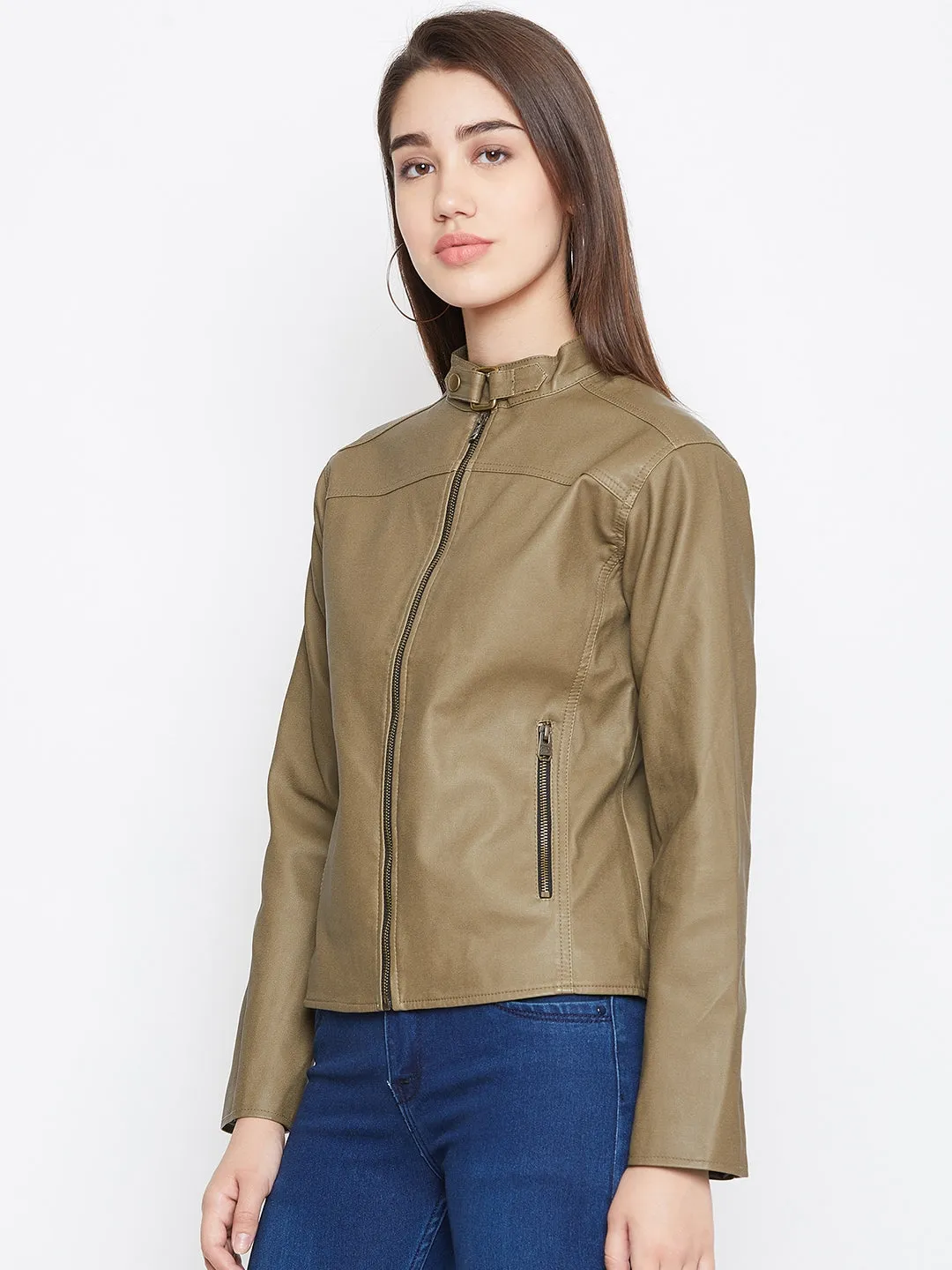 JUMP USA Women Khaki Solid Biker Jacket