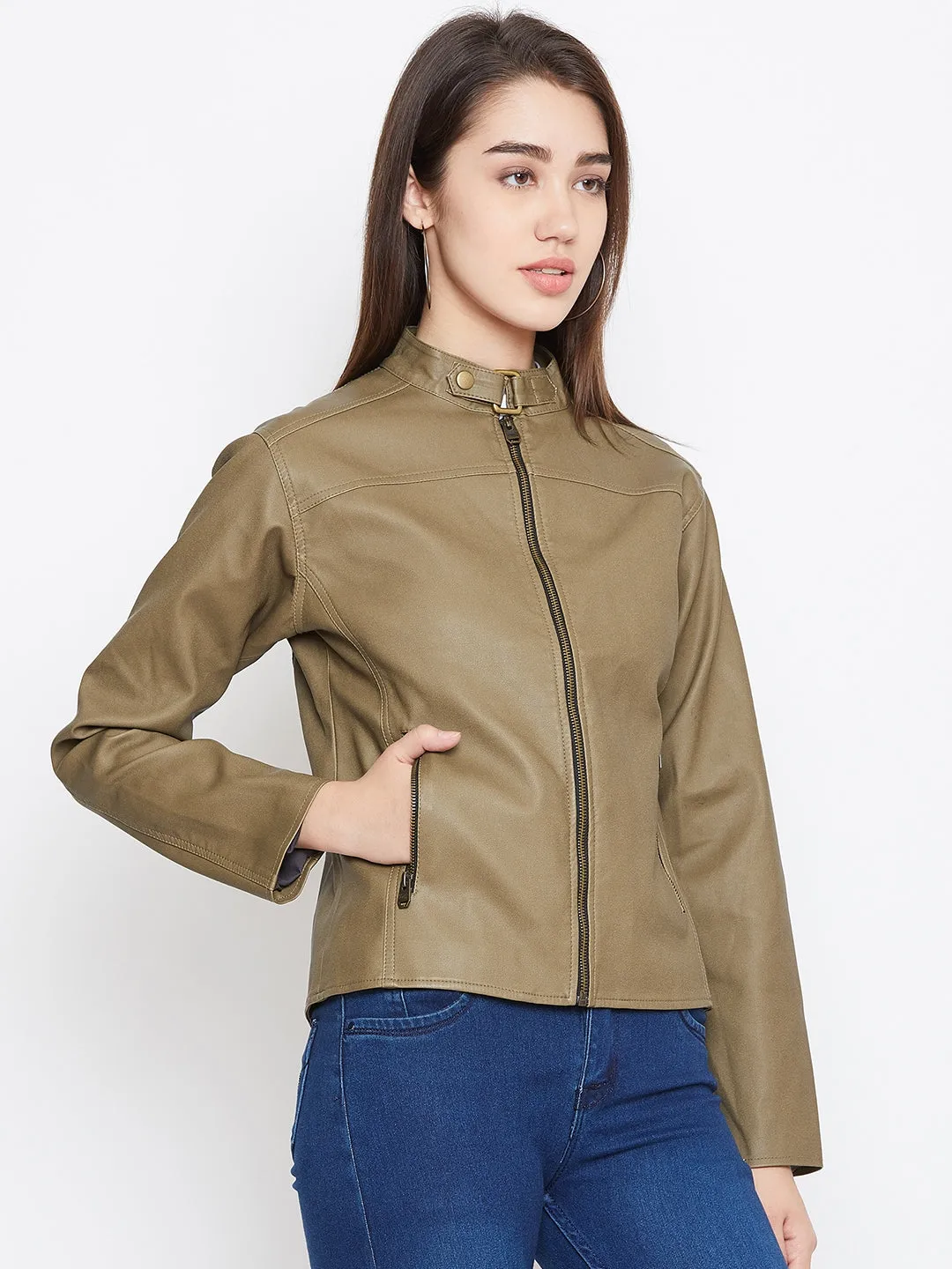 JUMP USA Women Khaki Solid Biker Jacket