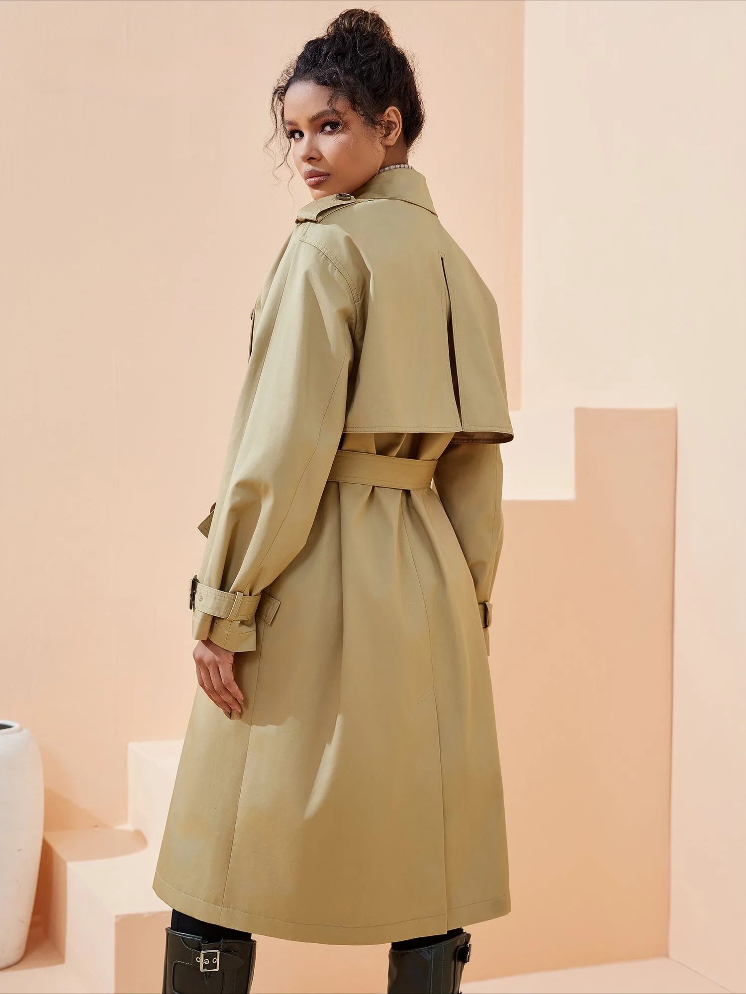 Khaki Elegant Turn Down Collar Trench Top