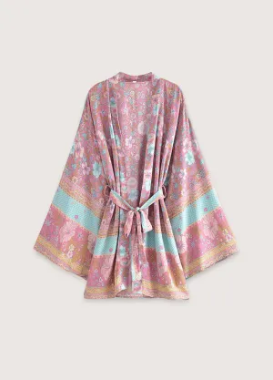 Kimono court fleuri rose et bleu